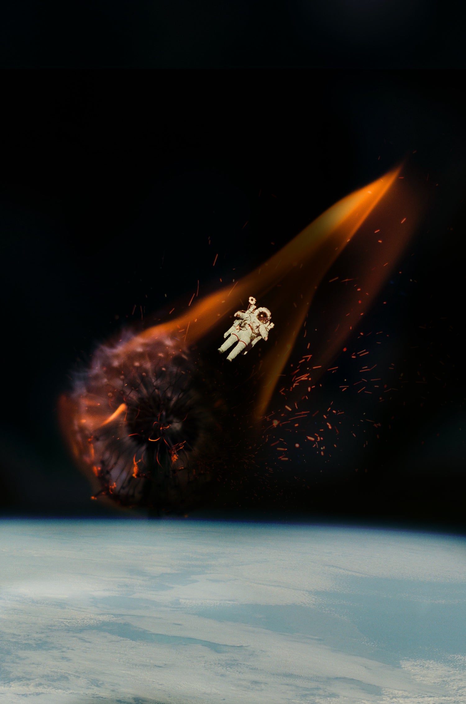Illustration of an astronaut floating in space with a fiery explosion.